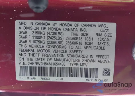 2021 Honda Cr-V Awd Ex-L z USA, uszkodzony, nr VIN 2HKRW2H84MH654438